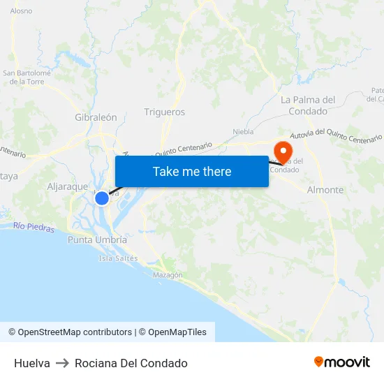 Huelva to Rociana Del Condado map