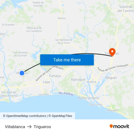Villablanca to Trigueros map