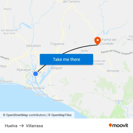 Huelva to Villarrasa map