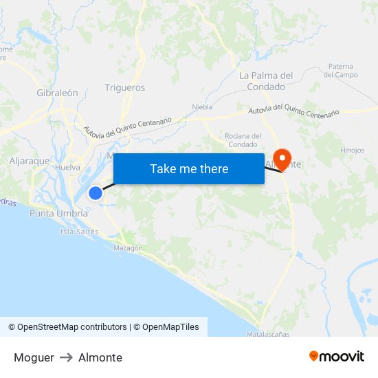 Moguer to Almonte map