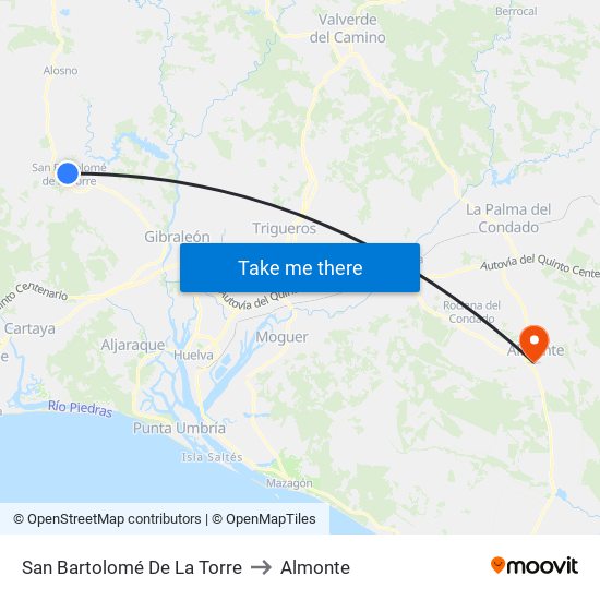 San Bartolomé De La Torre to Almonte map