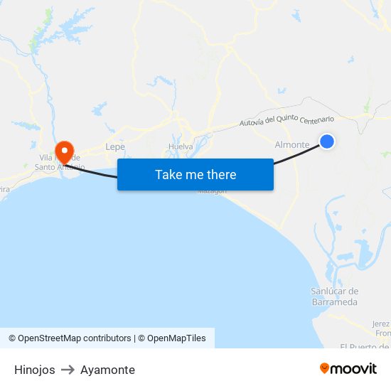 Hinojos to Ayamonte map