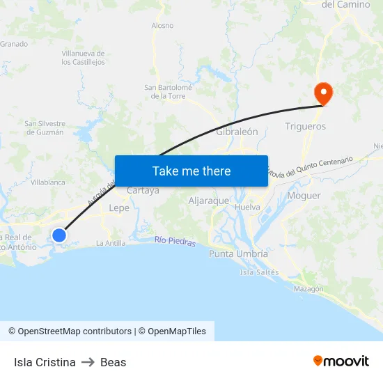 Isla Cristina to Beas map