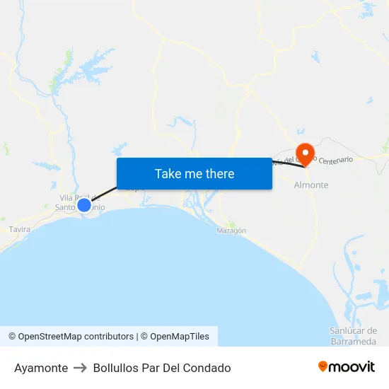Ayamonte to Bollullos Par Del Condado map