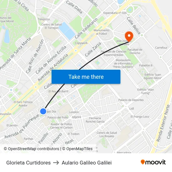 Glorieta Curtidores to Aulario Galileo Galilei map