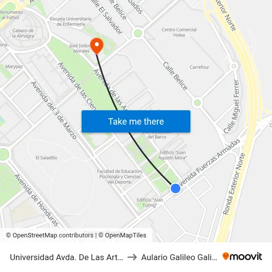 Universidad Avda. De Las Artes to Aulario Galileo Galilei map