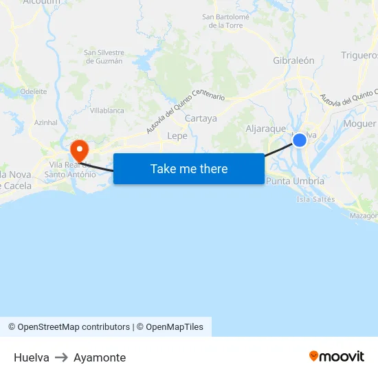 Huelva to Ayamonte map