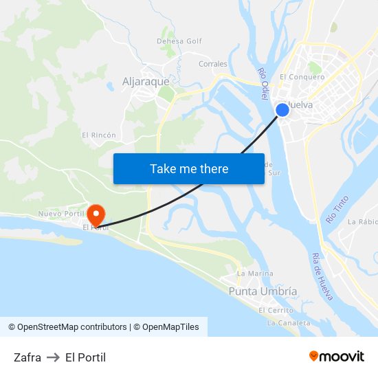 Zafra to El Portil map