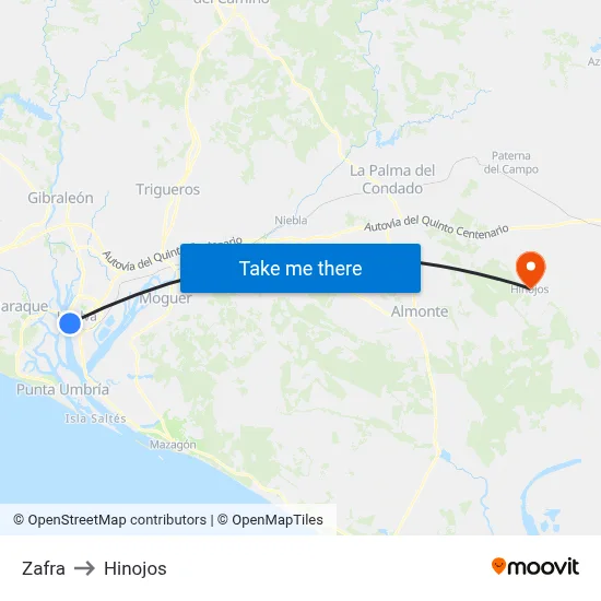 Zafra to Hinojos map