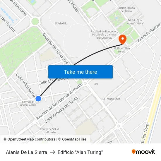 Alanís De La Sierra to Edificio "Alan Turing" map