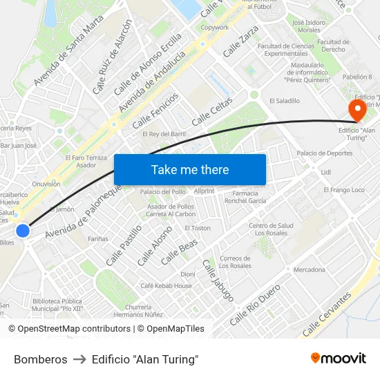 Bomberos to Edificio "Alan Turing" map