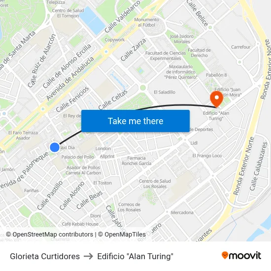 Glorieta Curtidores to Edificio "Alan Turing" map