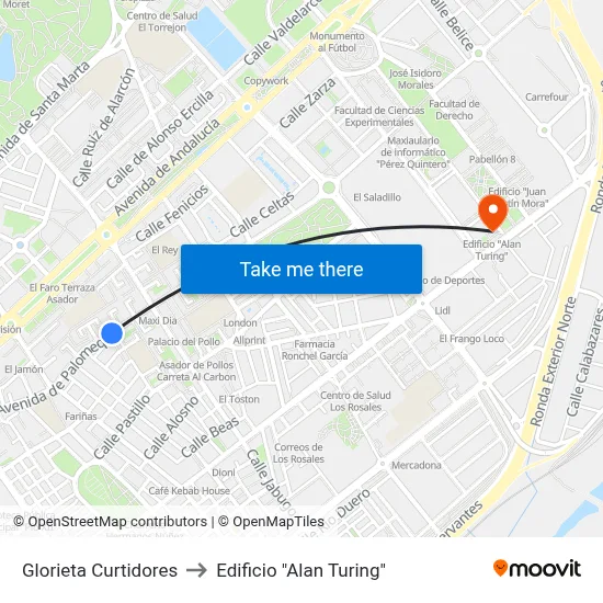 Glorieta Curtidores to Edificio "Alan Turing" map