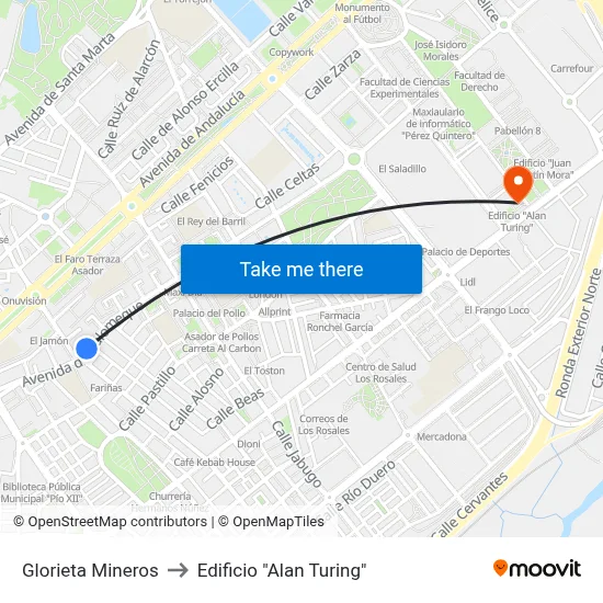 Glorieta Mineros to Edificio "Alan Turing" map