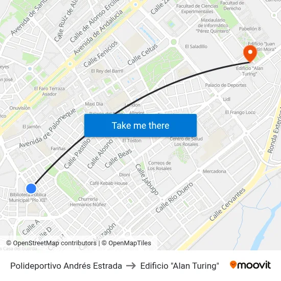 Polideportivo Andrés Estrada to Edificio "Alan Turing" map