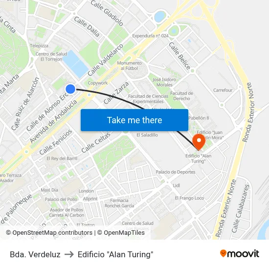 Bda. Verdeluz to Edificio "Alan Turing" map