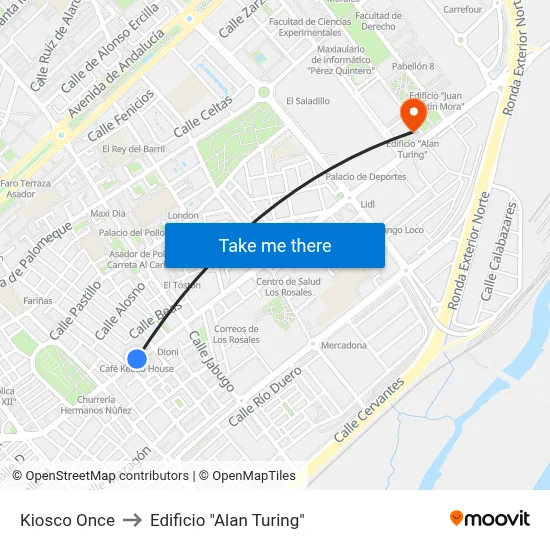Kiosco Once to Edificio "Alan Turing" map