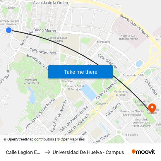 Calle Legión Española to Universidad De Huelva - Campus De El Carmen map