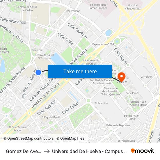 Gómez De Avellaneda to Universidad De Huelva - Campus De El Carmen map