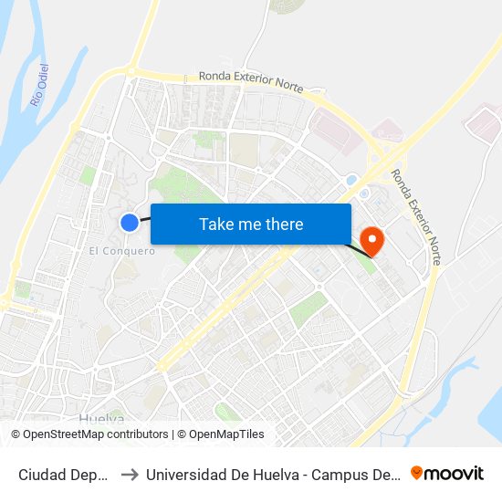 Ciudad Deportiva to Universidad De Huelva - Campus De El Carmen map