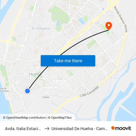 Avda. Italia Estación De Sevilla to Universidad De Huelva - Campus De El Carmen map