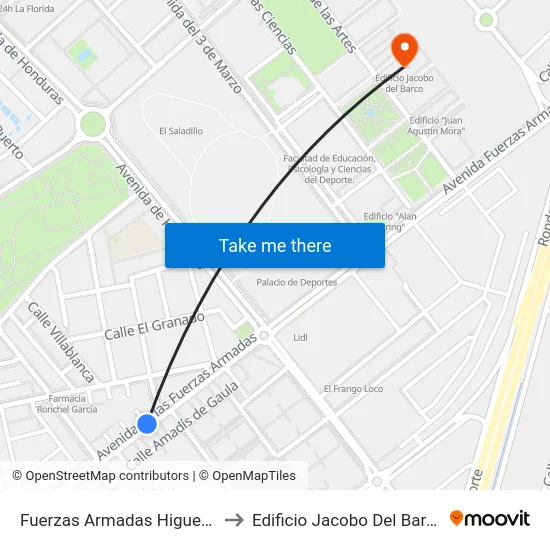 Fuerzas Armadas Higueral to Edificio Jacobo Del Barco map