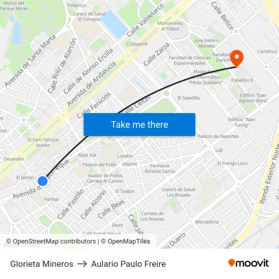 Glorieta Mineros to Aulario Paulo Freire map