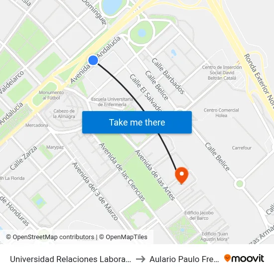 Universidad Relaciones Laborales to Aulario Paulo Freire map