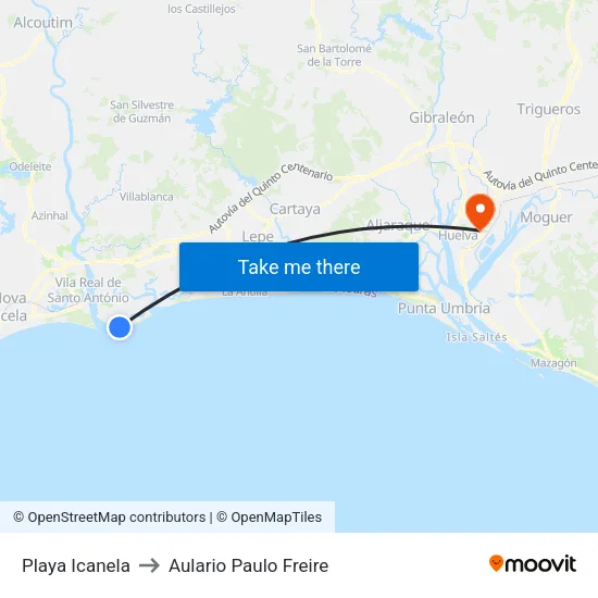 Playa Icanela to Aulario Paulo Freire map