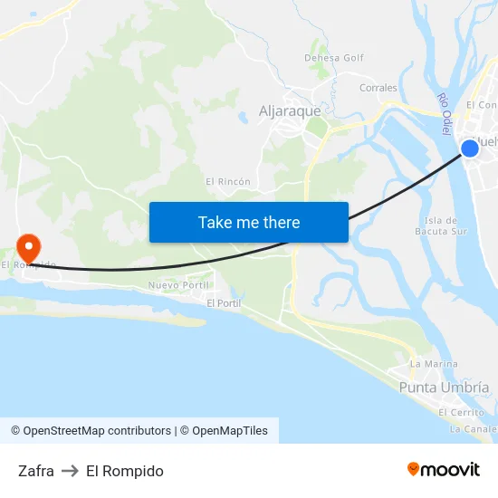 Zafra to El Rompido map