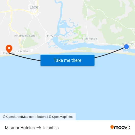 Mirador Hoteles to Islantilla map