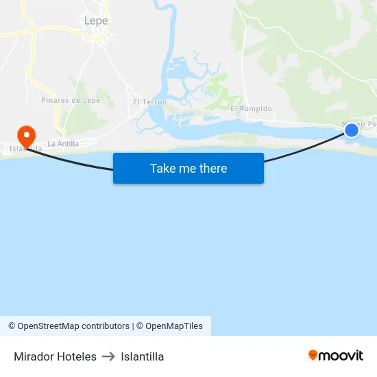Mirador Hoteles to Islantilla map