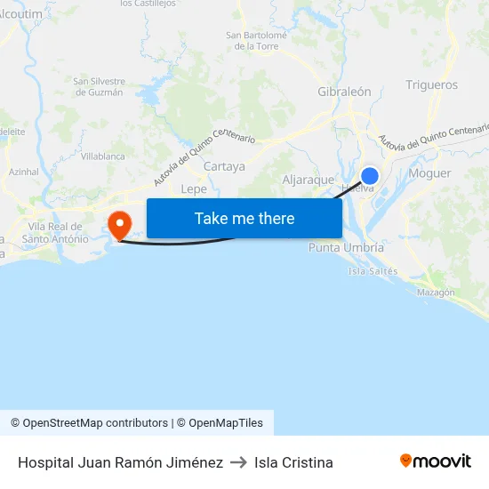 Hospital Juan Ramón Jiménez to Isla Cristina map