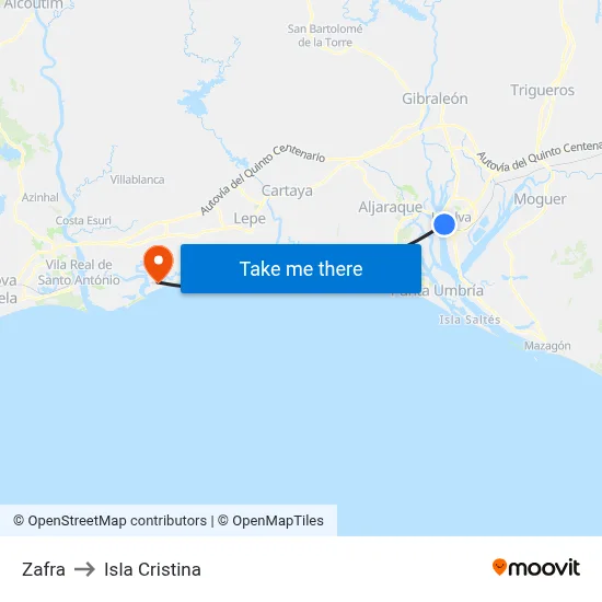 Zafra to Isla Cristina map
