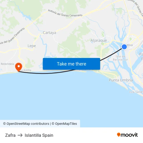 Zafra to Islantilla Spain map
