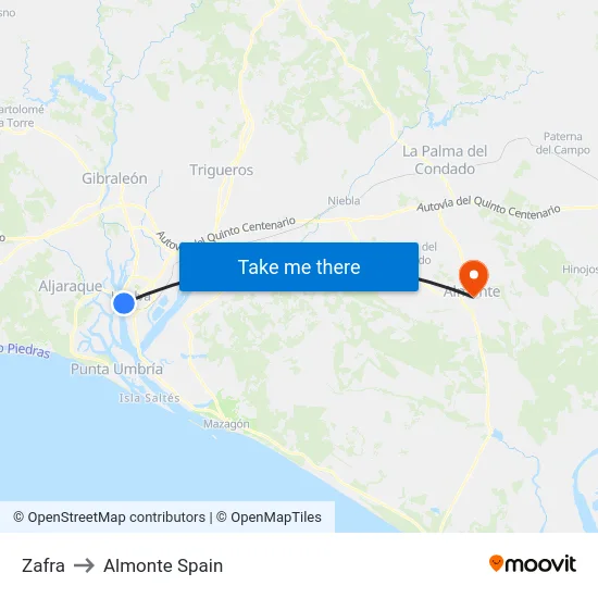 Zafra to Almonte Spain map