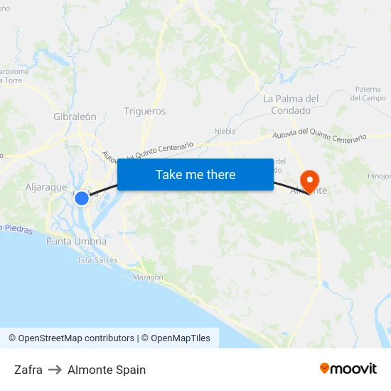 Zafra to Almonte Spain map