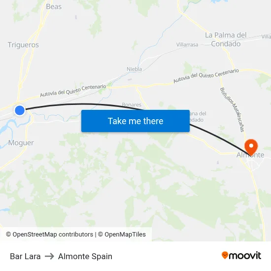 Bar Lara to Almonte Spain map