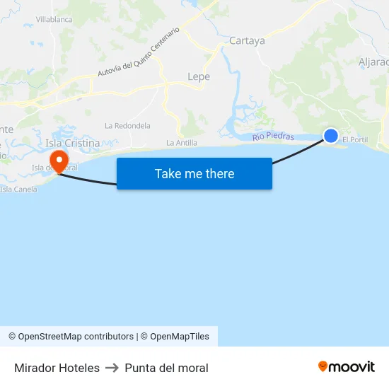 Mirador Hoteles to Punta del moral map