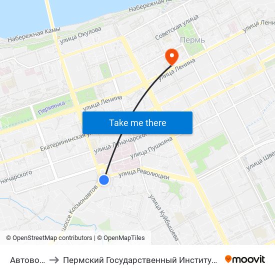 Автовокзал 1 to Пермский Государственный Институт Искусства И Культуры map