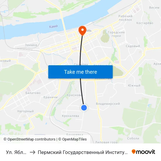 Ул. Яблочкова to Пермский Государственный Институт Искусства И Культуры map