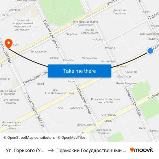 Ул. Горького (Ул. Екатерининская) to Пермский Государственный Институт Искусства И Культуры map