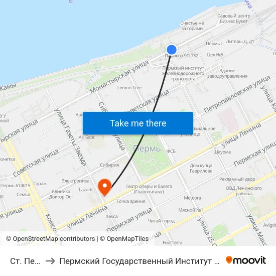 Ст. Пермь-1 to Пермский Государственный Институт Искусства И Культуры map