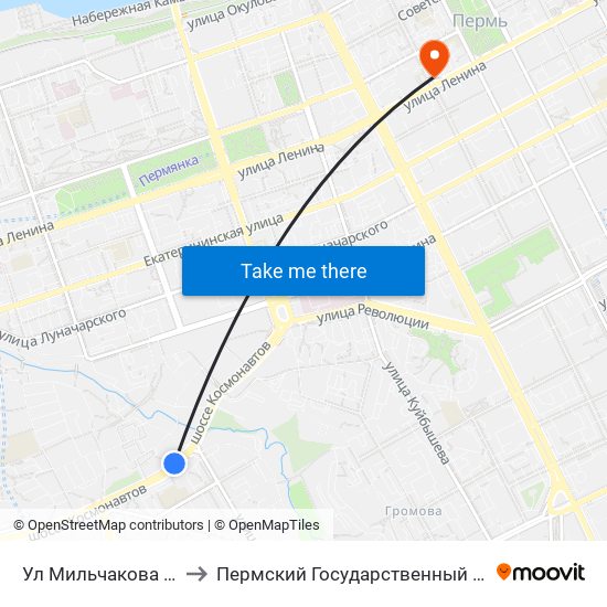 Ул Мильчакова (Шоссе Космонавт to Пермский Государственный Институт Искусства И Культуры map
