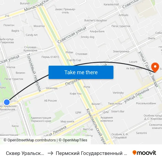 Сквер Уральских Добровольцев to Пермский Государственный Институт Искусства И Культуры map