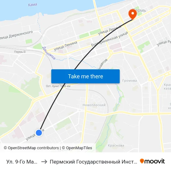 Ул. 9-Го Мая (Ул.Мира) to Пермский Государственный Институт Искусства И Культуры map