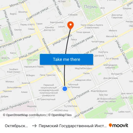 Октябрьская Площадь to Пермский Государственный Институт Искусства И Культуры map