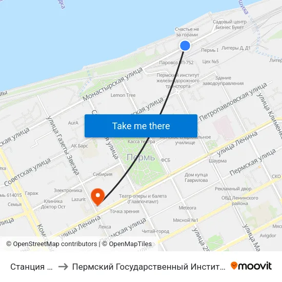 Станция Пермь-1 to Пермский Государственный Институт Искусства И Культуры map