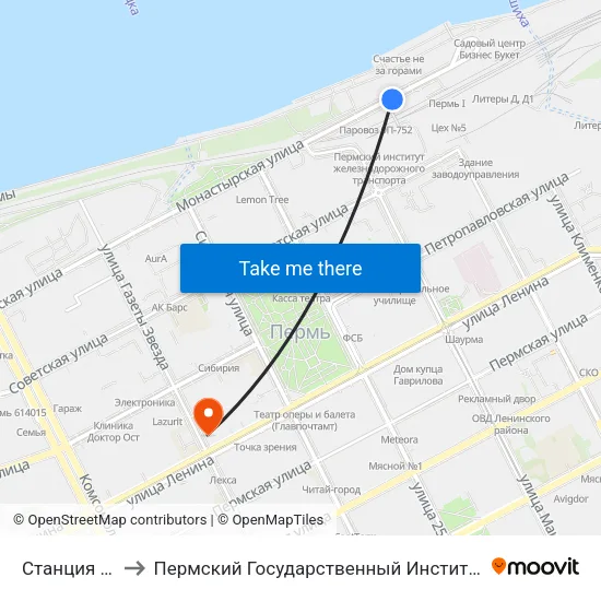 Станция Пермь-1 to Пермский Государственный Институт Искусства И Культуры map