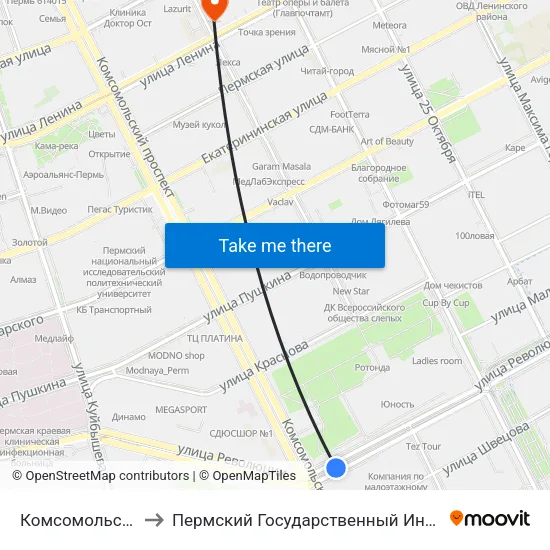 Комсомольский Проспект to Пермский Государственный Институт Искусства И Культуры map
